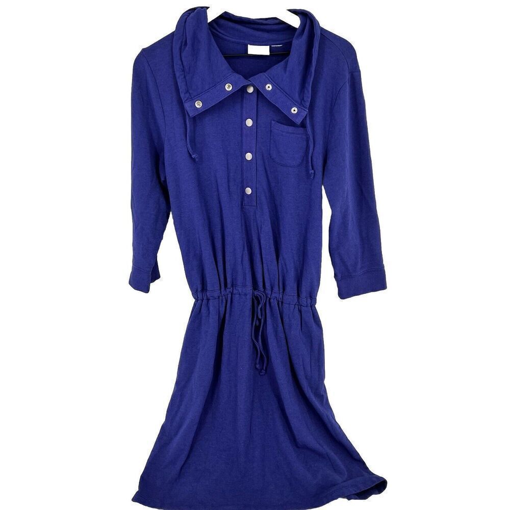 Chico's Knit Dress Blue Drawstring Waist Snap Collar Size Large